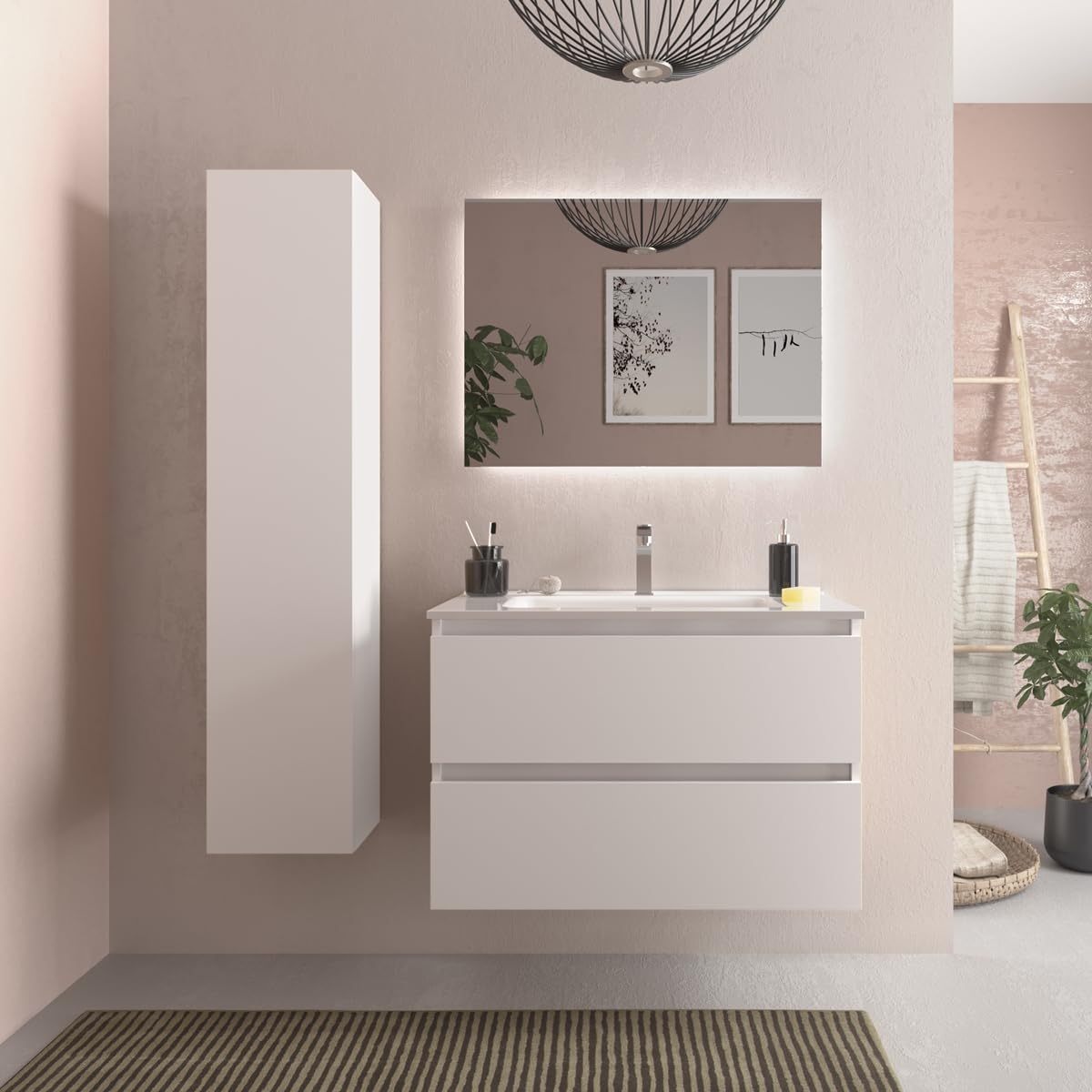 Mueble de baño Bequia 80 cm con Lavabo 100% montado de fábrica | Acabado Blanco Mate suspendido 2 cajones Cierre amortiguado Apertura con uñero | Lavabo Porcelana Blanca | Marca Salgar
