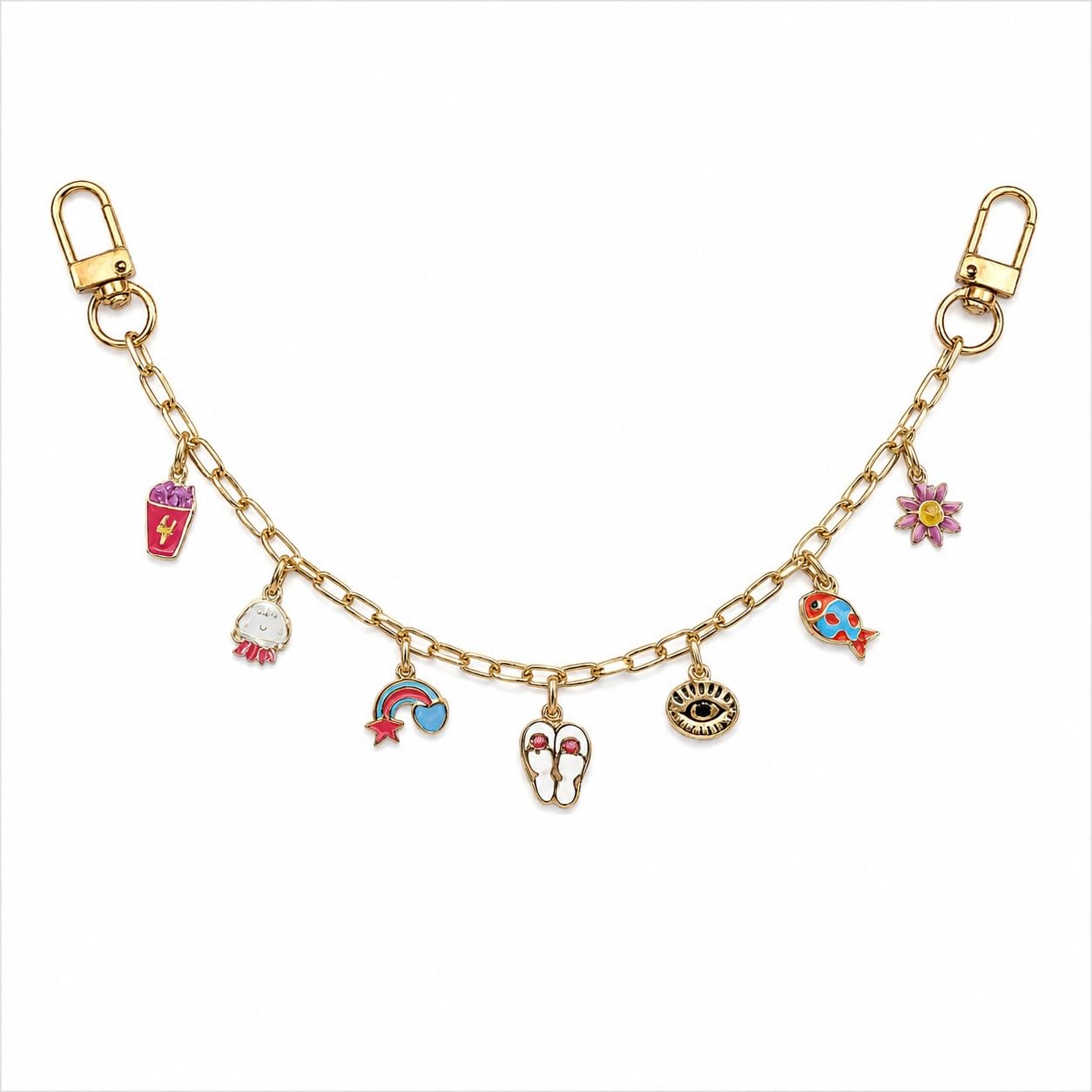 Cute Gold Charm Jeans Chain for Women & Girls | Multi Charm Pant Chain with Rainbow, Evil Eye, Flower, Fish & Slipper Charms | Aesthetic Waist Chain, Pocket Chain, Y2K Fashion Accessory, Bag Charm-image-39