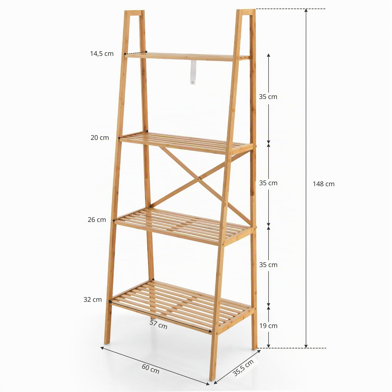 HOMASIS Étagère multifonctionnelle en bambou, porte-livres, 4 niveaux, 60 x 35,5 x 148 cm, naturel