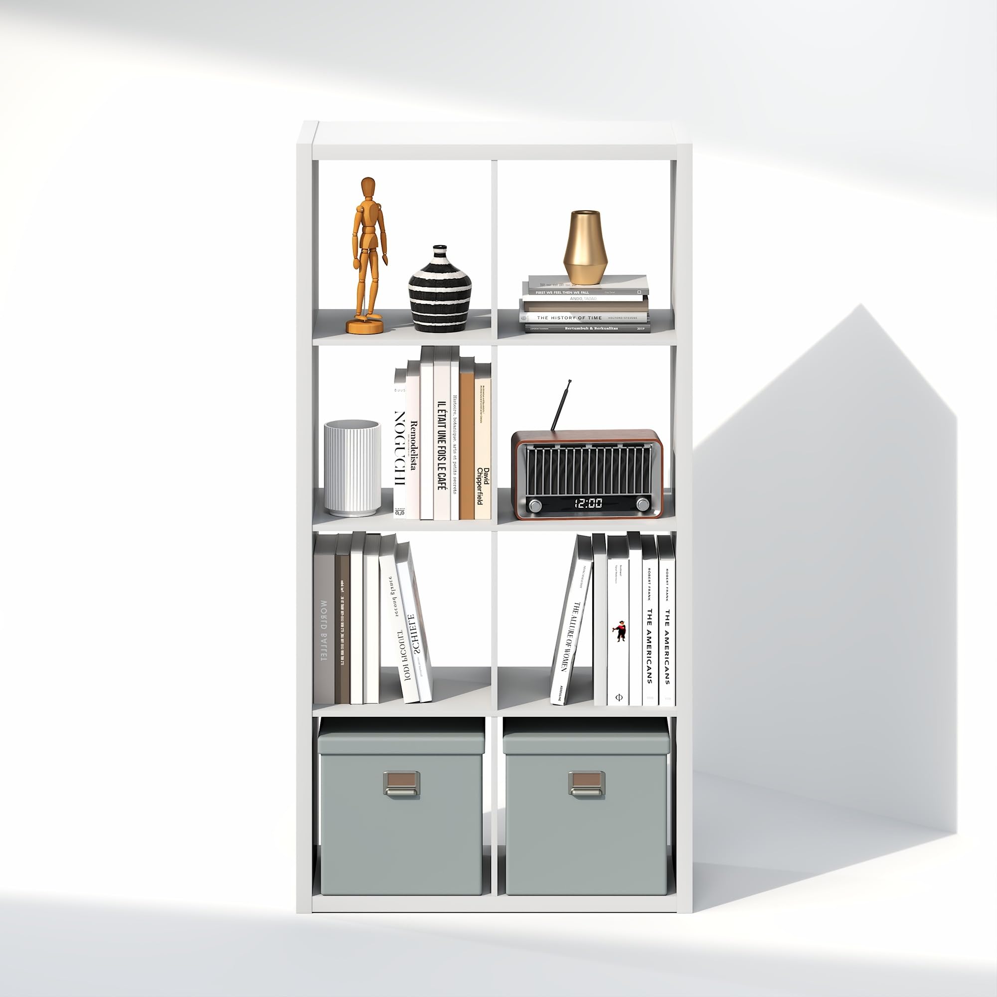 Furinno CUBICLE Mobile per Giradischi con Raccoglitore per Vinili, 8-Cube 1.2 Extra Spesso Raccoglitore per Dischi in Vinile, Scaffale Multimediale Aperto sul Retro per CD DVD Dischi, Bianco