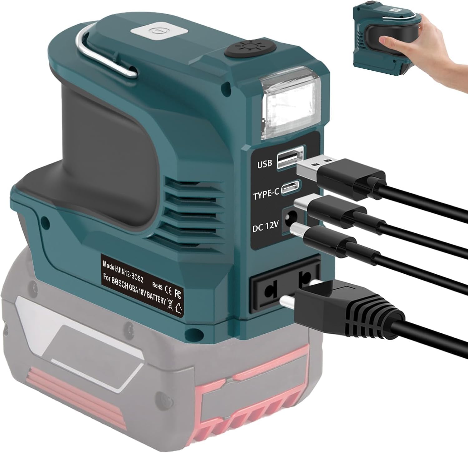 Onduleur pour batterie Bosch GBA 18 V, DC 18 V vers AC 220 V, adaptateur convertisseur de tension avec port USB de type C CC 12 V et lampe LED, générateur de secours pour camping