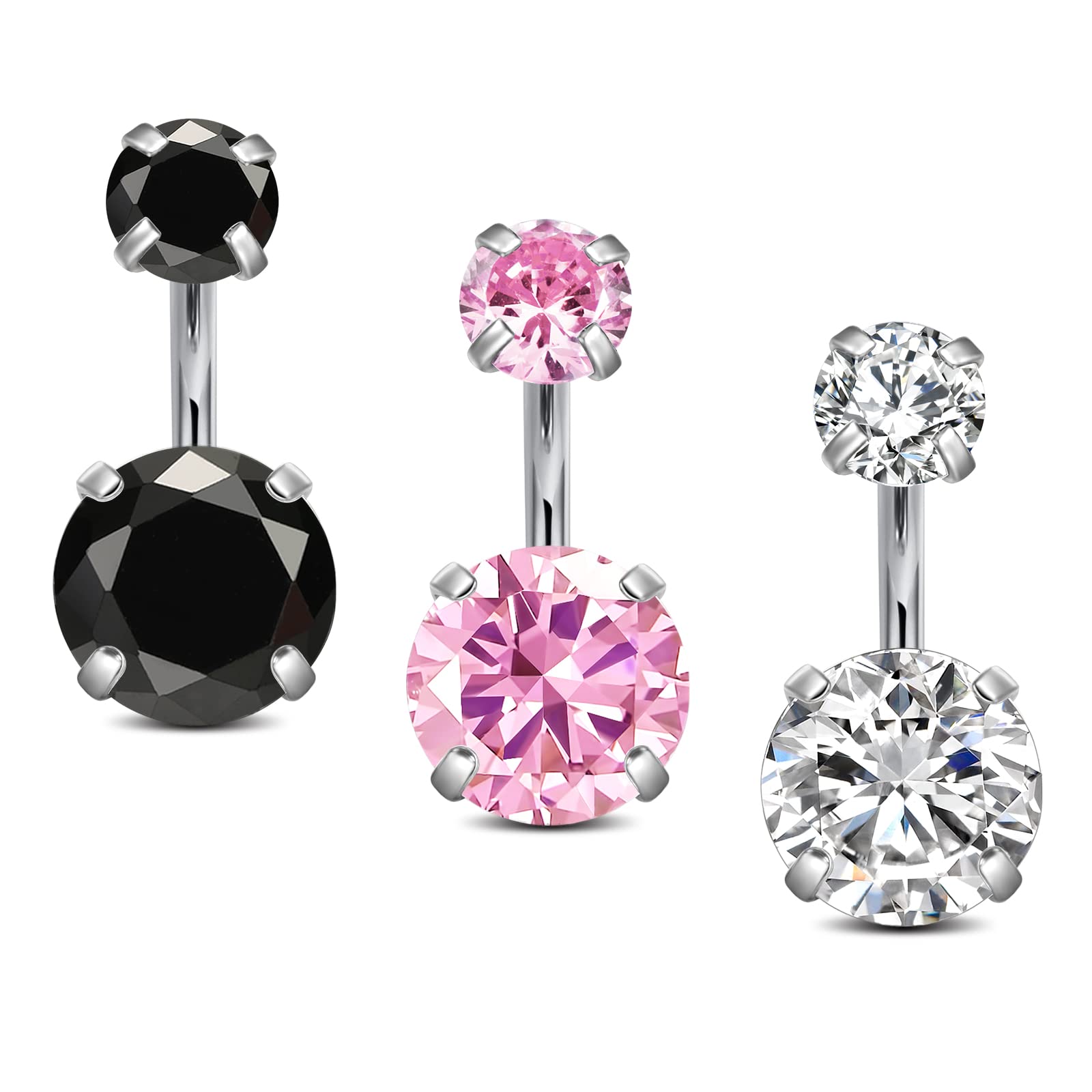 Incaton 14G Belly Button Ring Surgical Stainless Steel Round Cubic Zirconia Navel Barbell Belly Rings For Women 6/8/10/12mm