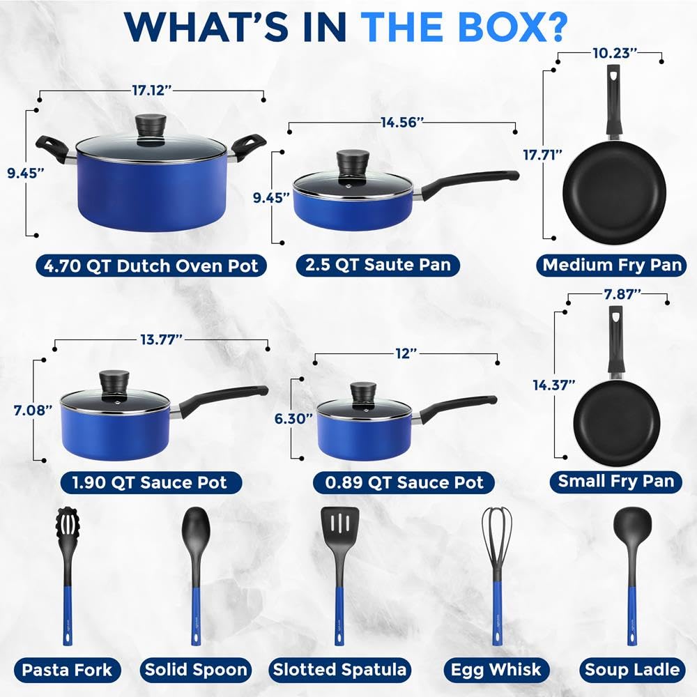 SereneLife bateria de cocina, Antiadherentes, 15 piezas, Resistentes al calor, Sartenes y ollas con tapas, Incluye utensilios