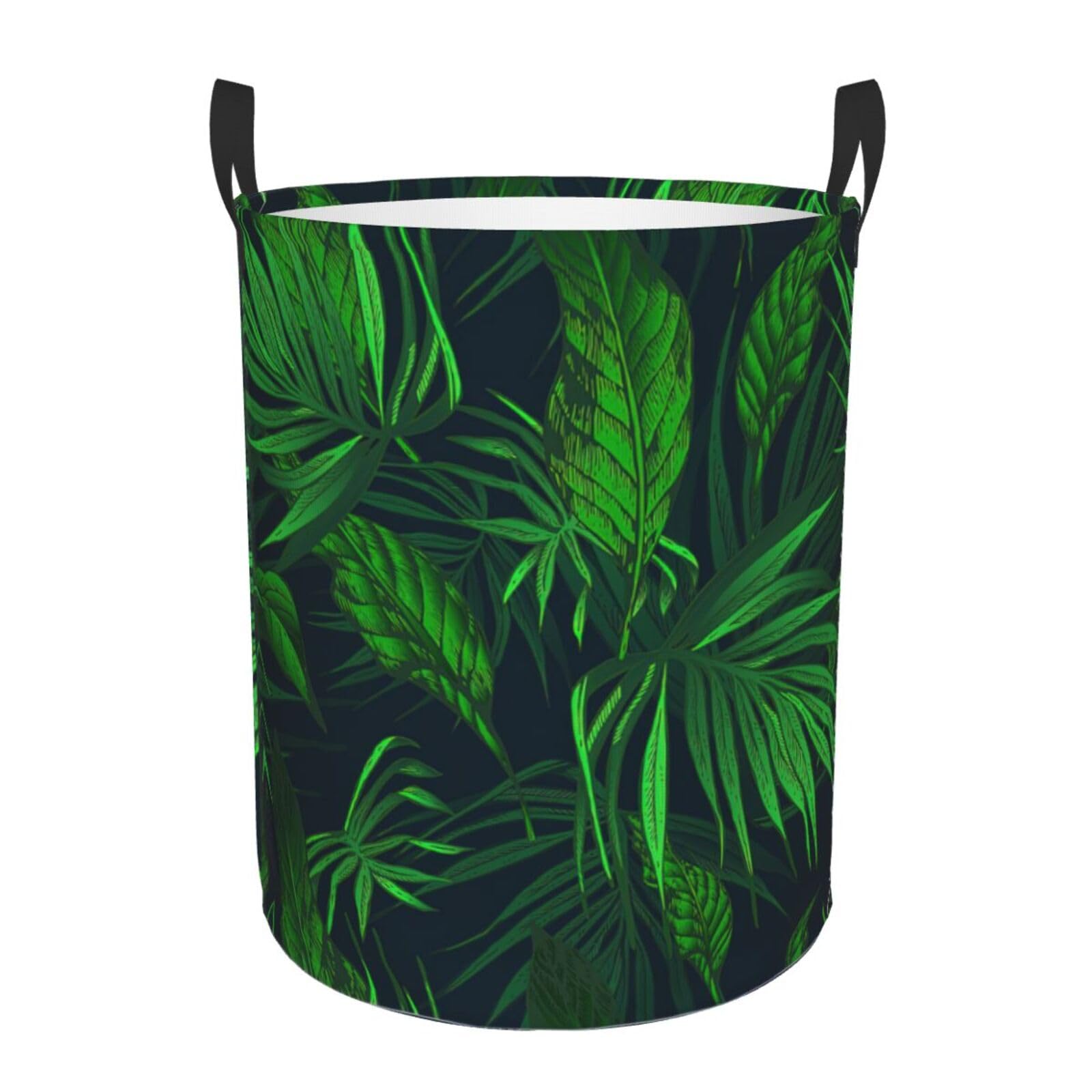 S Collapsible Round Green Tropical Plant Print Laundry Hamper