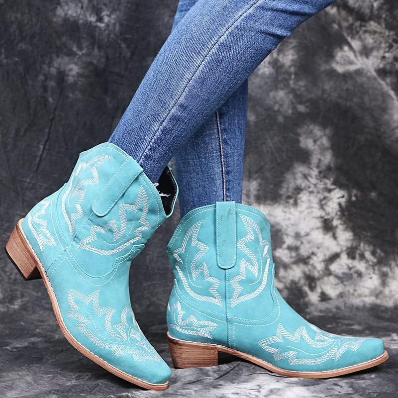 SACFOF Cowboy Boots for Women Booties Ankle Cowgirl Western Boots Stitched Embroidered Pointed Toe Chunky Short Ankle Boots2