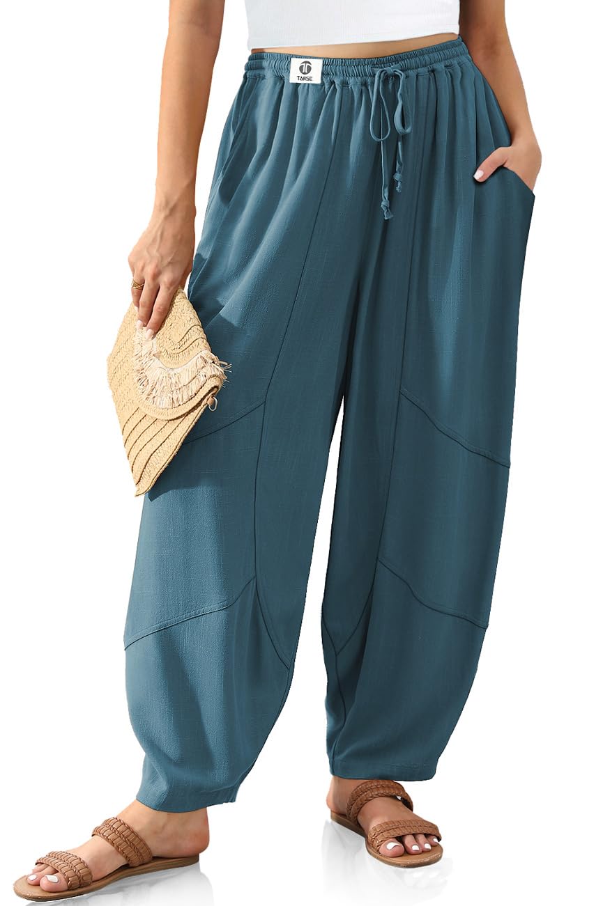 TARSE Womens Linen Harem Pants Wide Leg Boho Casual Trousers Loose Fit Lounge Beach Travel Pants
