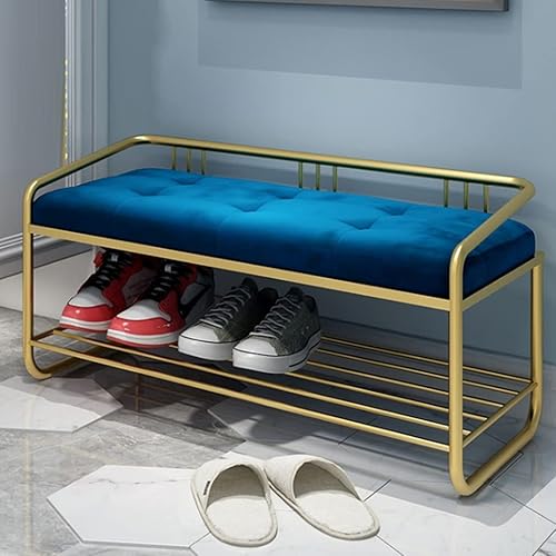 Miniatura 2 de Banco de zapatos de 2 niveles con marco de metal, banco de almacenamiento de zapatos para entrada, pasillo, sala de estar (color azul, tamaño 31.5 x