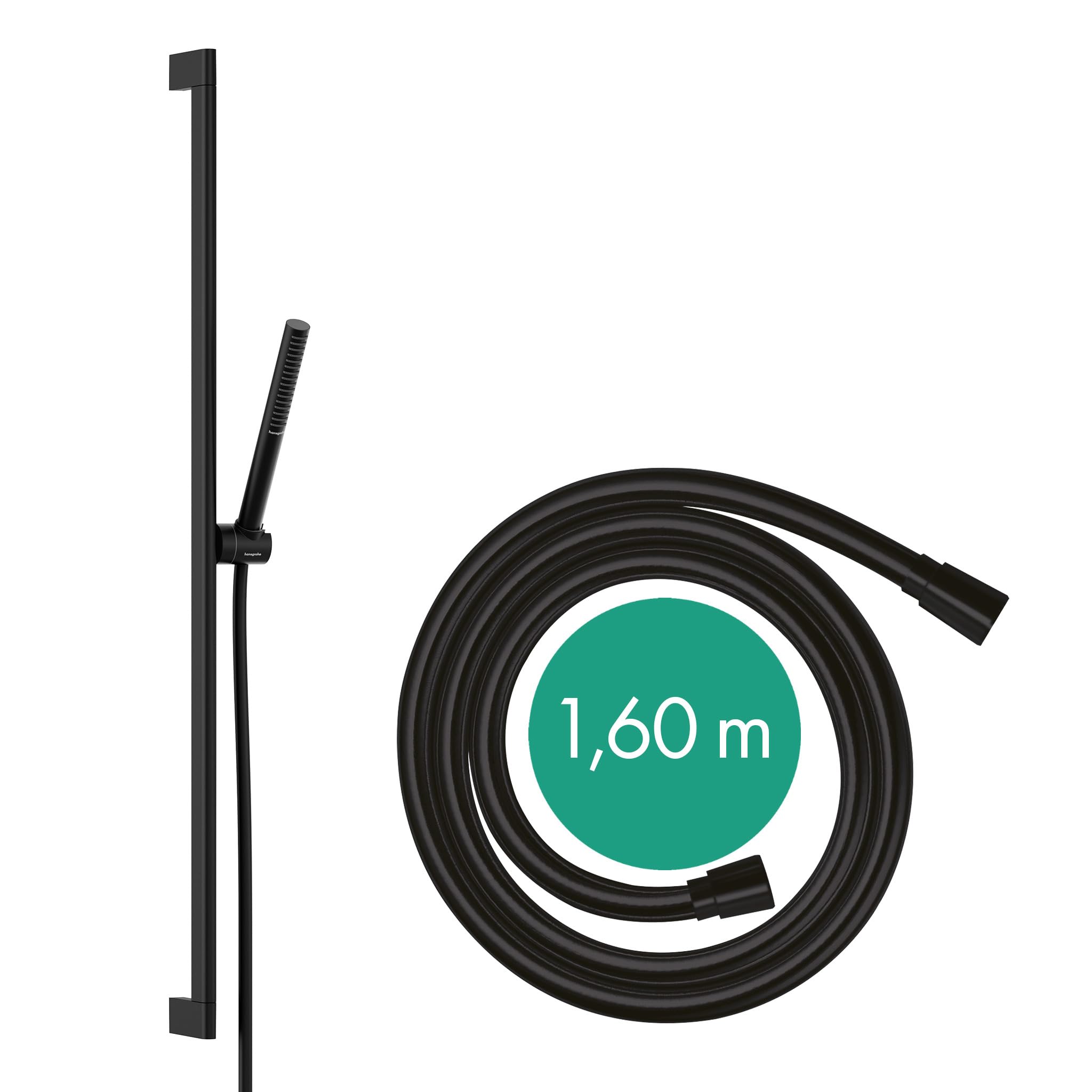 hansgrohe Pulsify S 24382670 - Juego de ducha con cabezal de ducha de ahorro de agua (EcoSmart, chorro PowderRain), manguera de ducha (1,60 m) y barra de ducha (0,90 m), color negro mate