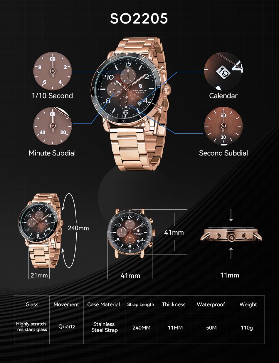 SAPPHERO Uhren Herren Chronograph Herrenuhren Analog Quarz Leuchtende Zeiger, Datum, Lässig Business Armbanduhr, Klassisches Design, Elegantes Geschenk
