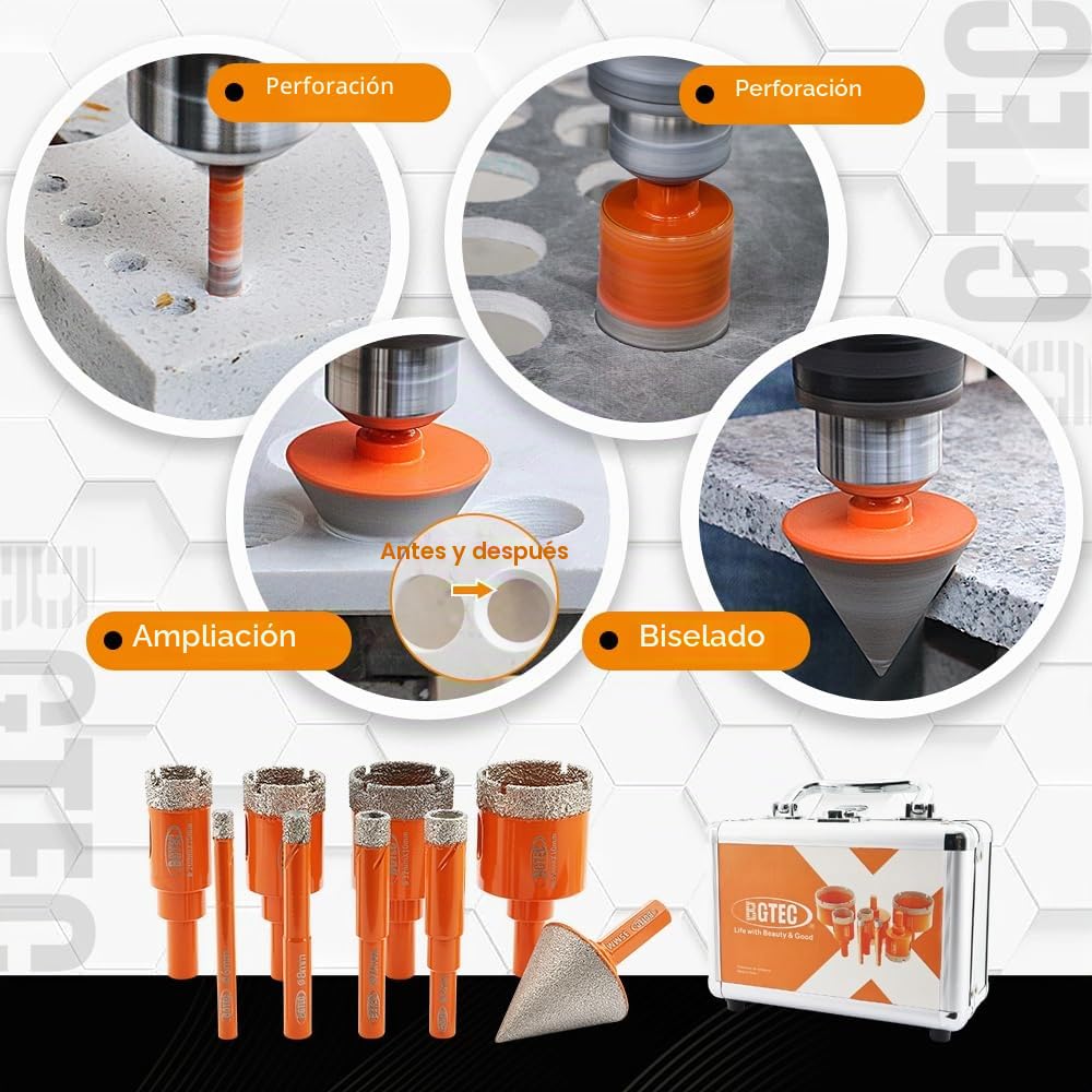 BGTEC Juego Brocas Diamante - 9pcs(6/8/10/12/20/25/32/35mm+50mm Broca de Chaflán) Brocas de diamante soldada al vacío con mango redondeado para azulejos de cerámica porcelana mármol granito piedra