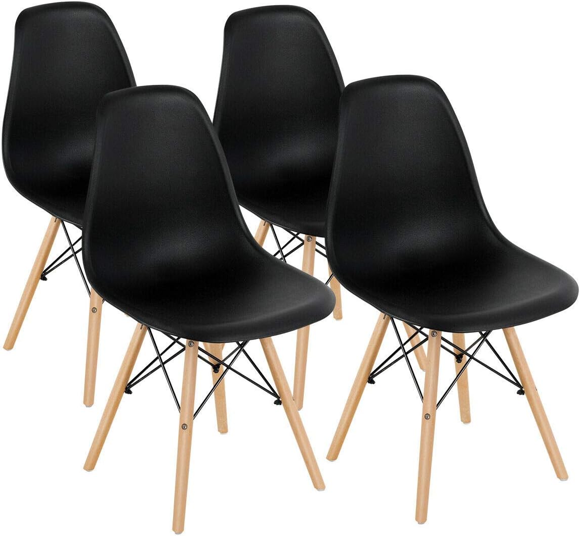 Four DORTALA dining chairs with black molded plastic seats and light wood legs, arranged in a group.