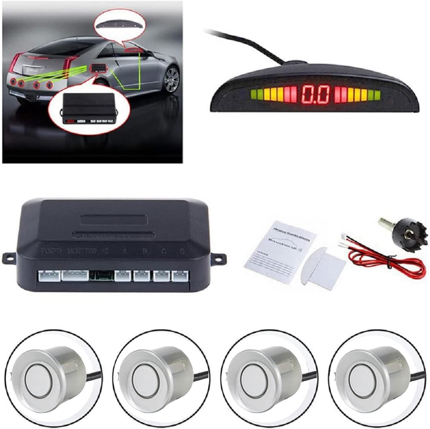 SQUADO - Sensore di Parcheggio Kit Desplay LED Acustico Auto Reverse Backup di Sistema + 4 Sensori (grigio)
