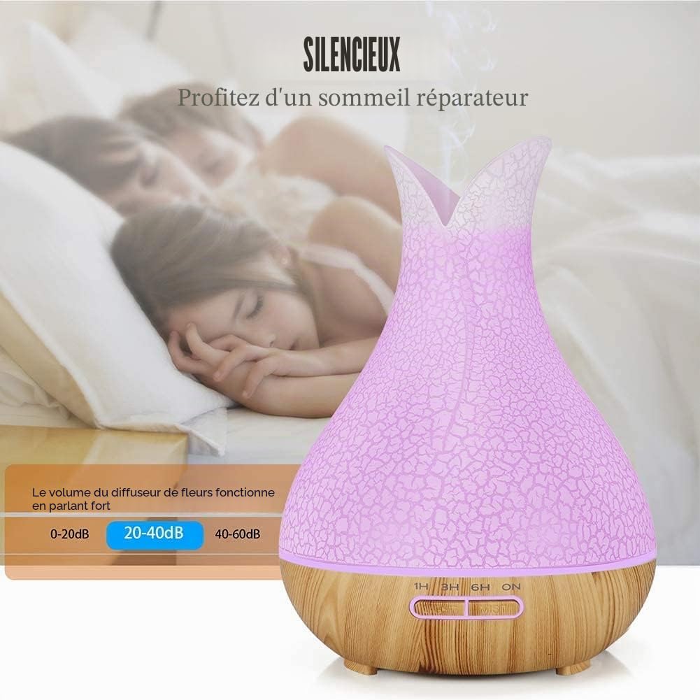 Diffuseur huiles essentielles 400ml, Diffuseur d'aromathérapie 4 minuteries, Humidificateur d'air sans Eau - Arrêt Automatique, 7 LED Couleur diffuseur Parfum Maison