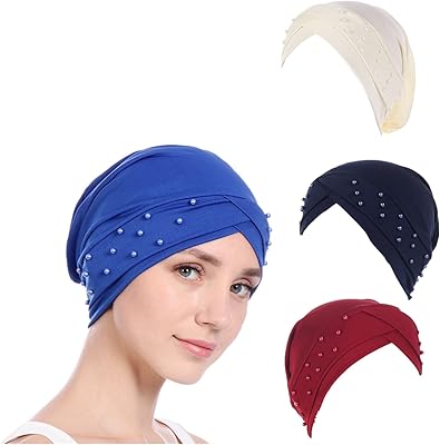 3 Pieces Muslim Elasticity Forehead Cross Pearl Inner Hijab Caps for Islamic Turban Head Scarf Bonnet Chemotherapy Caps (Navy+Beige+Wine)