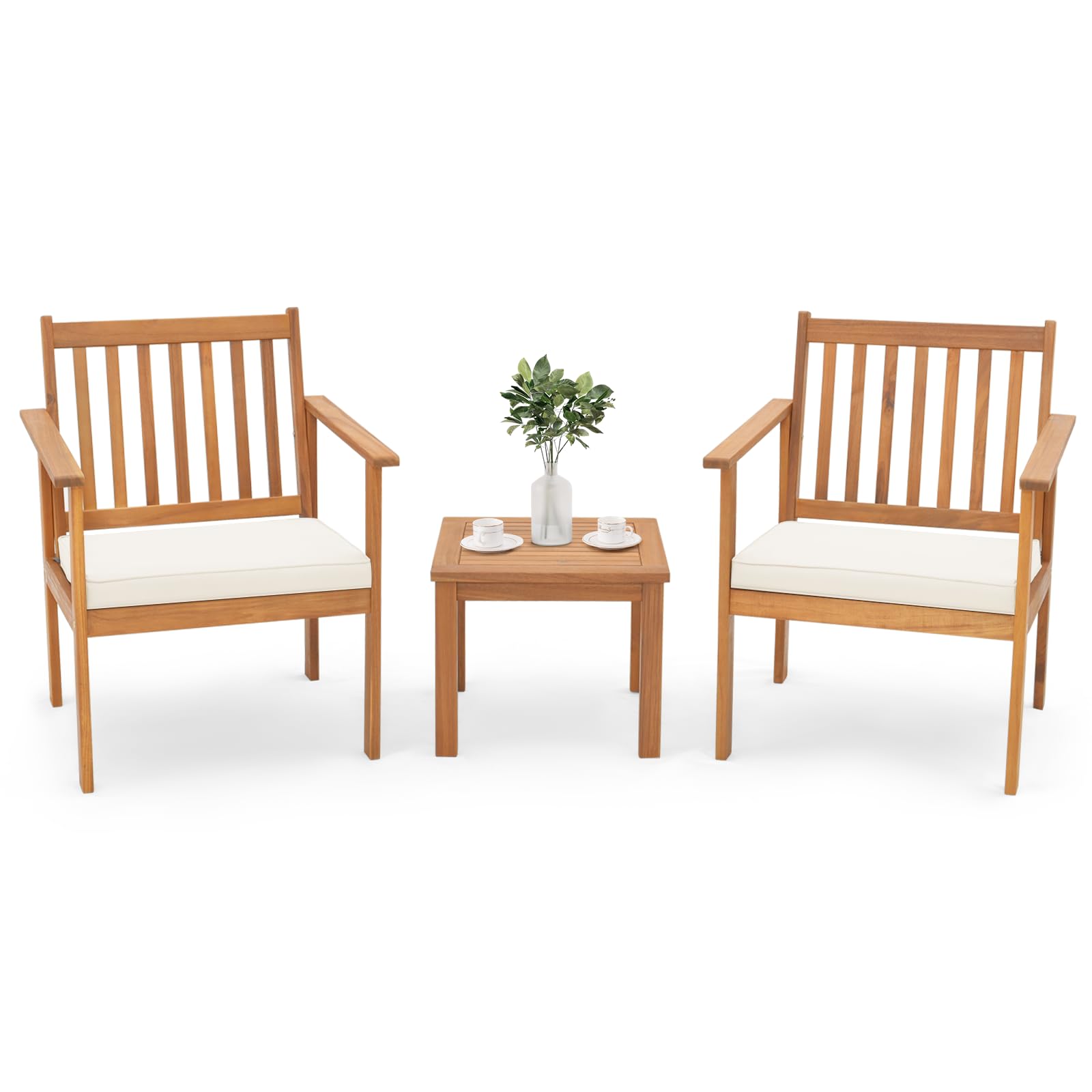 SFAREST 3PCS Bistro Set, Acacia Wood Patio Conservatory Set with 2 Armchairs, Coffee Table & Cushions, Outdoor Garden Furniture Table Chairs Set for Porch (Vertical Slatted Backrest, 61 x 61 x 78cm)