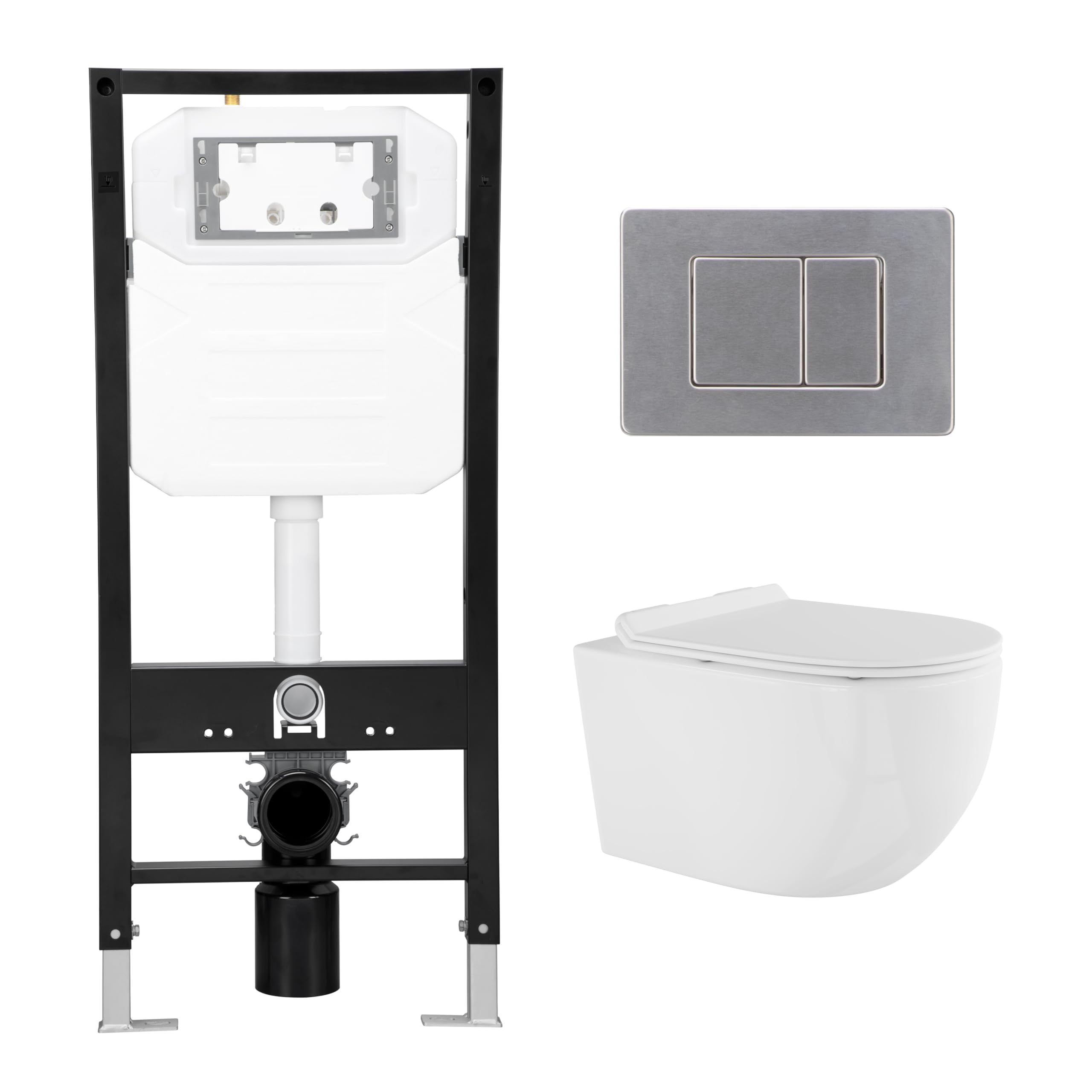 Wall Hung Toilet with Tank, Eridanus Wall Mounted Toilet Combo Set, 2x6 In-Wall Toilet Tank Carrier, Dual-Flush Plate Included, Rimless Bowl With Soft-Close Seat, Glossy White, 2 Separate Packages