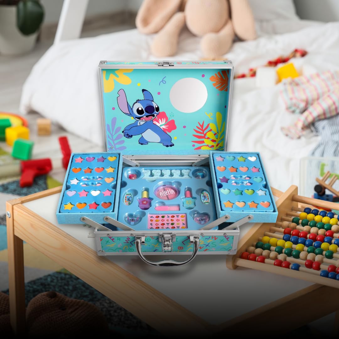 Stitch - Valigetta per trucchi apribile | Set da trucco XXL per bambini con lucidalabbra, ombretto, smalto, fard e accessori – Beauty case con specchio in design Stitch, adatta ai bambini