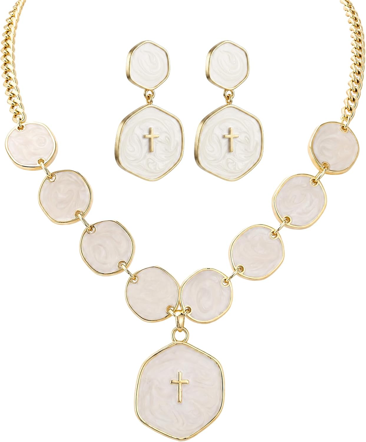 JATEBI 2Pcs Gold Cross Pendant Necklace Earring Set Women Religious Jewelry