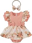 Newborn Baby Girl Romper Dresses Clothes Set Short Sleeve Floral Ruffle Bow Overall Bodysuit Onesie Floral Skirt Hem Outfit
