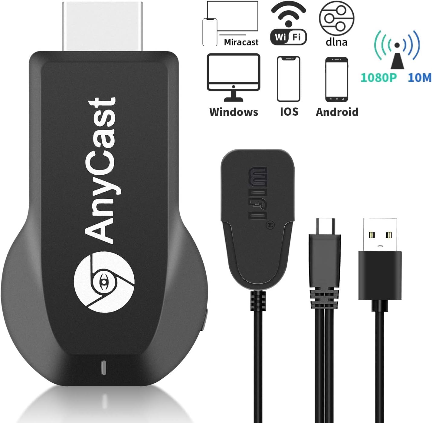 Anycast Wireless Display Adapter with icons for Miracast, WiFi, DLNA, 1080P, and compatibility with Windows, iOS, and Android devices, along with its power cable.