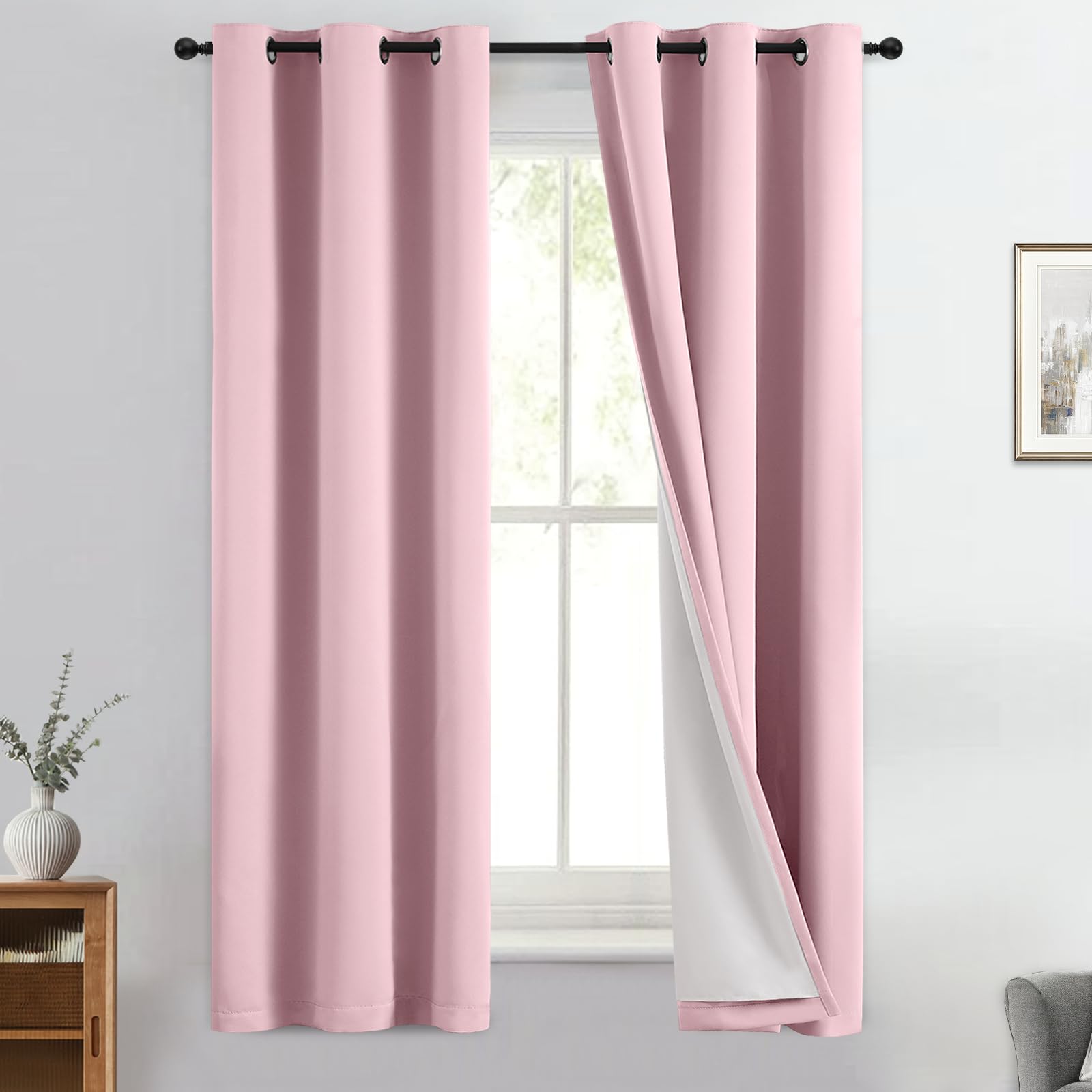 Yakamok Pink 100% Blackout Curtains 63 Inches Long for Bedroom 40" Wide