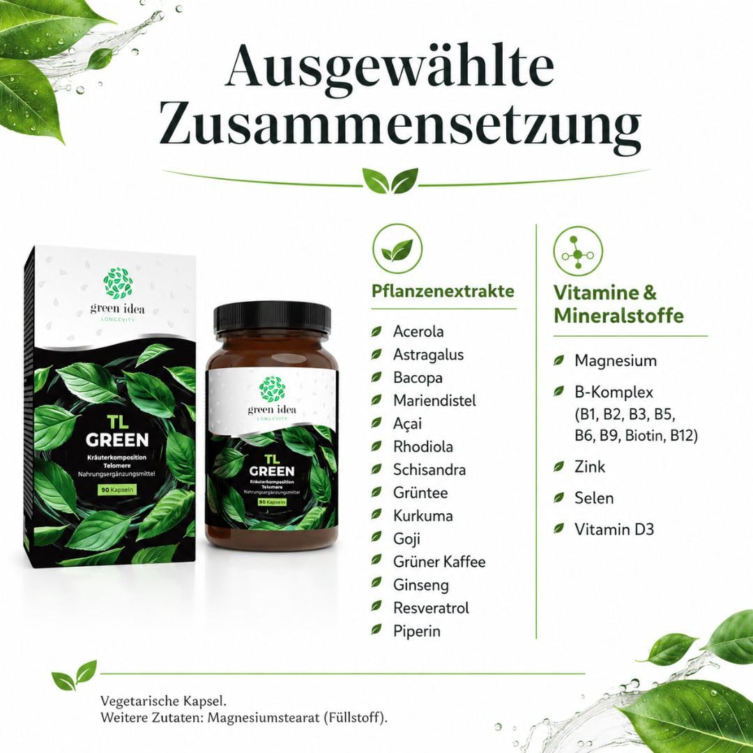 Green idea LONGEVITY TL GREEN Kapseln 90 Stück – Longevity Komplex mit Grüntee Extrakt, Astragalus, Resveratrol, Rhodiola, Selen, Zink, Vitamin D3 & B-Komplex – veganes Nahrungsergänzungsmittel