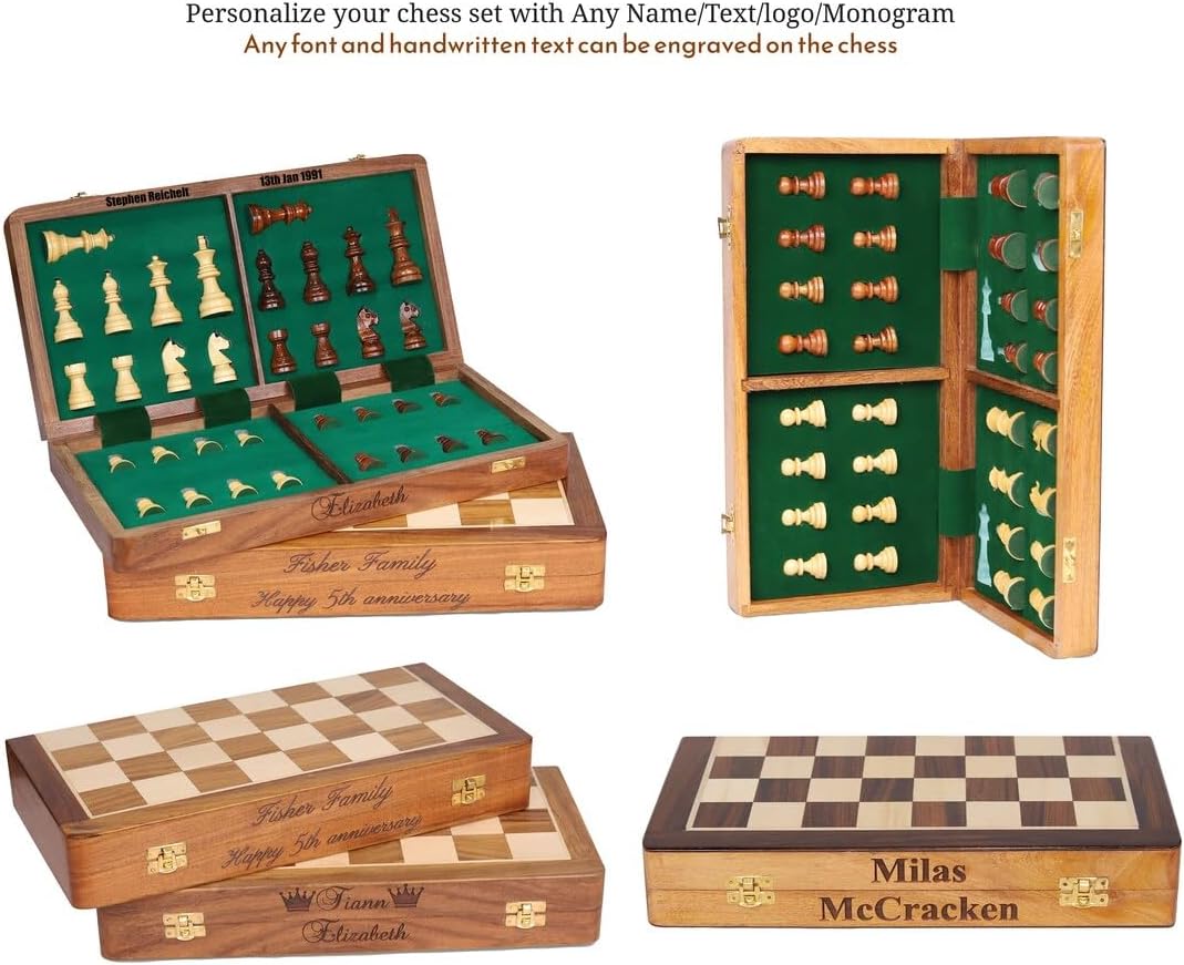 Personalized Wooden Foldable Magnetic Chess Set with 2 Extra Queens, Handcrafted Travel Chess Board Game for Adults with Built in Storage for Chess Pieces, Brown Wood Chess Set