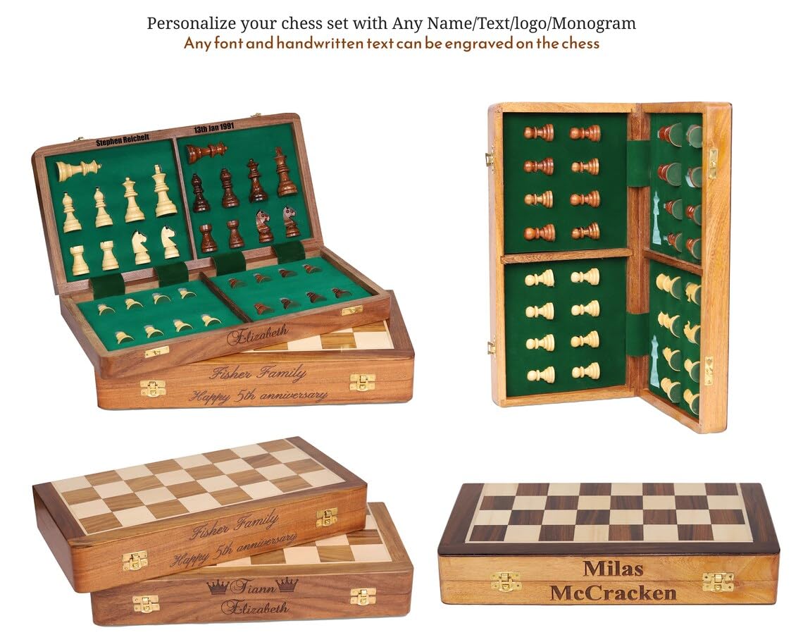 Jeu d'échecs magnétique pliable en bois personnalisé avec 2 emplacements de rangement extra Queen | Jeu d'échecs pour débutants pour enfants et adultes (personnalisé, 7 pouces)
