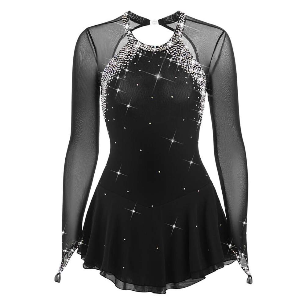 Abito Classico da Gara di Pattinaggio sul Ghiaccio per Ragazze Body per Ginnastica Ritmica Girocollo con Strass Costume da Pattinaggio Artistico sul Ghiaccio Maniche Lunghe