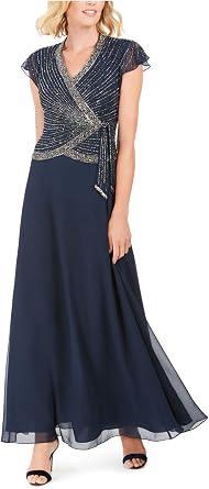 J Kara Womens Faux Wrap Long Dress W/Flutter Sleeve