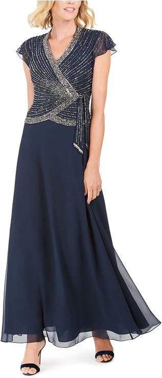 J Kara Womens Faux Wrap Long Dress W/Flutter Sleeve