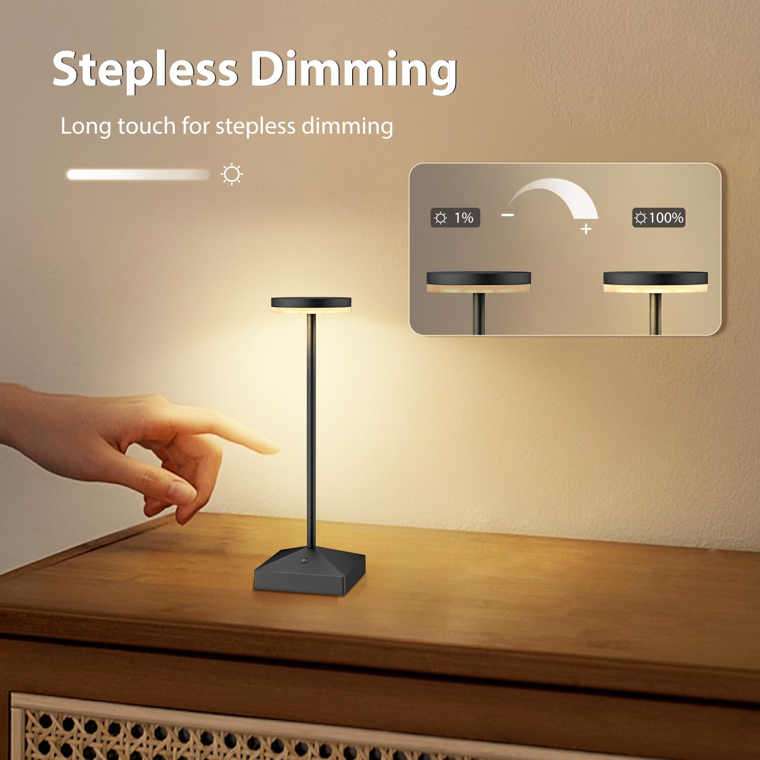 Confezione da 3 piccole lampade da tavolo ricaricabili senza fili, colore nero, dimmerabili | Senza fili, alimentato a batteria, luce notturna a LED portatile, per comodino, bagno, scrivania, esterno