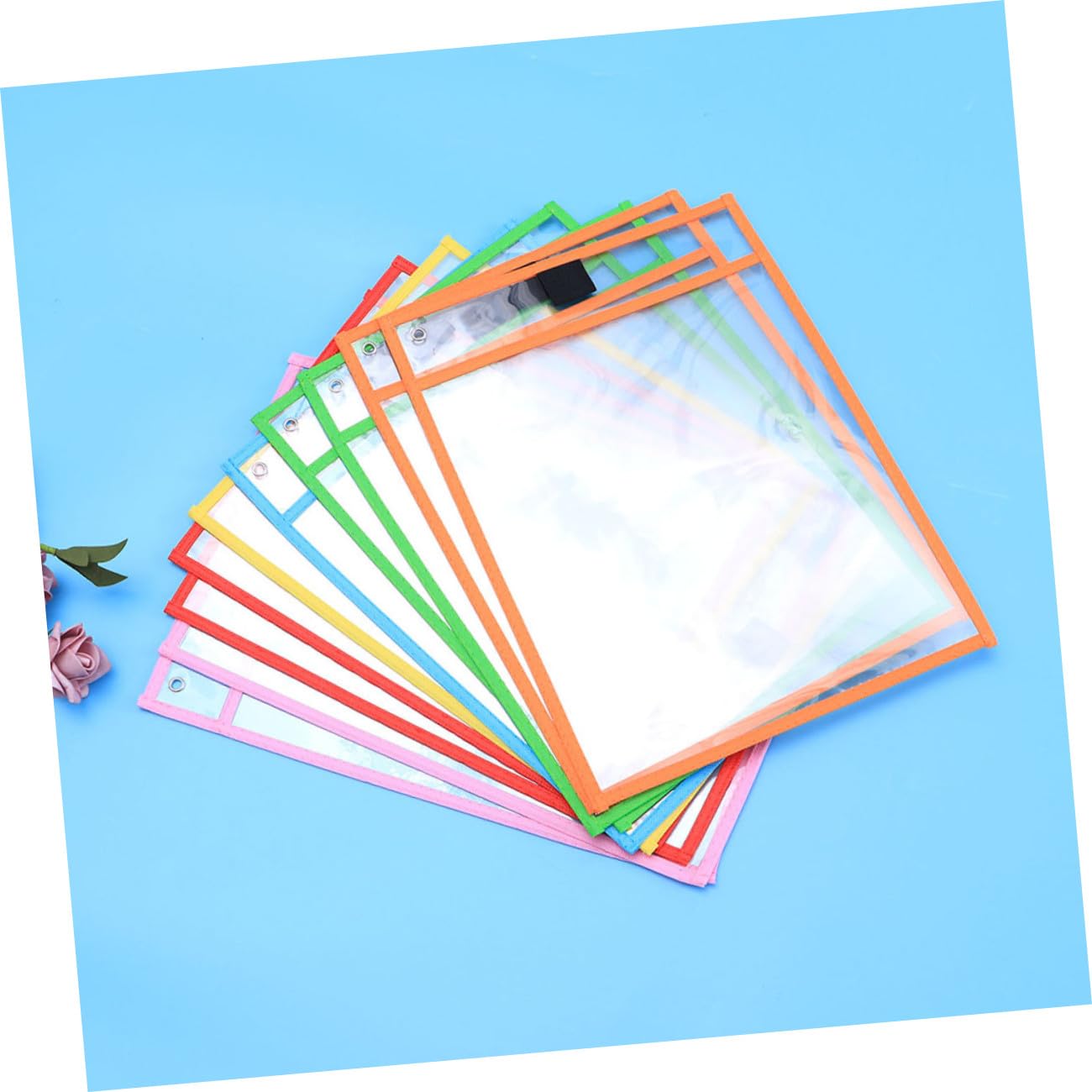 Tofficu 24pezzi Riutilizzabili Cancellabili Secco in Pvc Trasparente con Portapenne e Occhiello Metallico Articoli di Cancelleria per Ufficio e Scuola