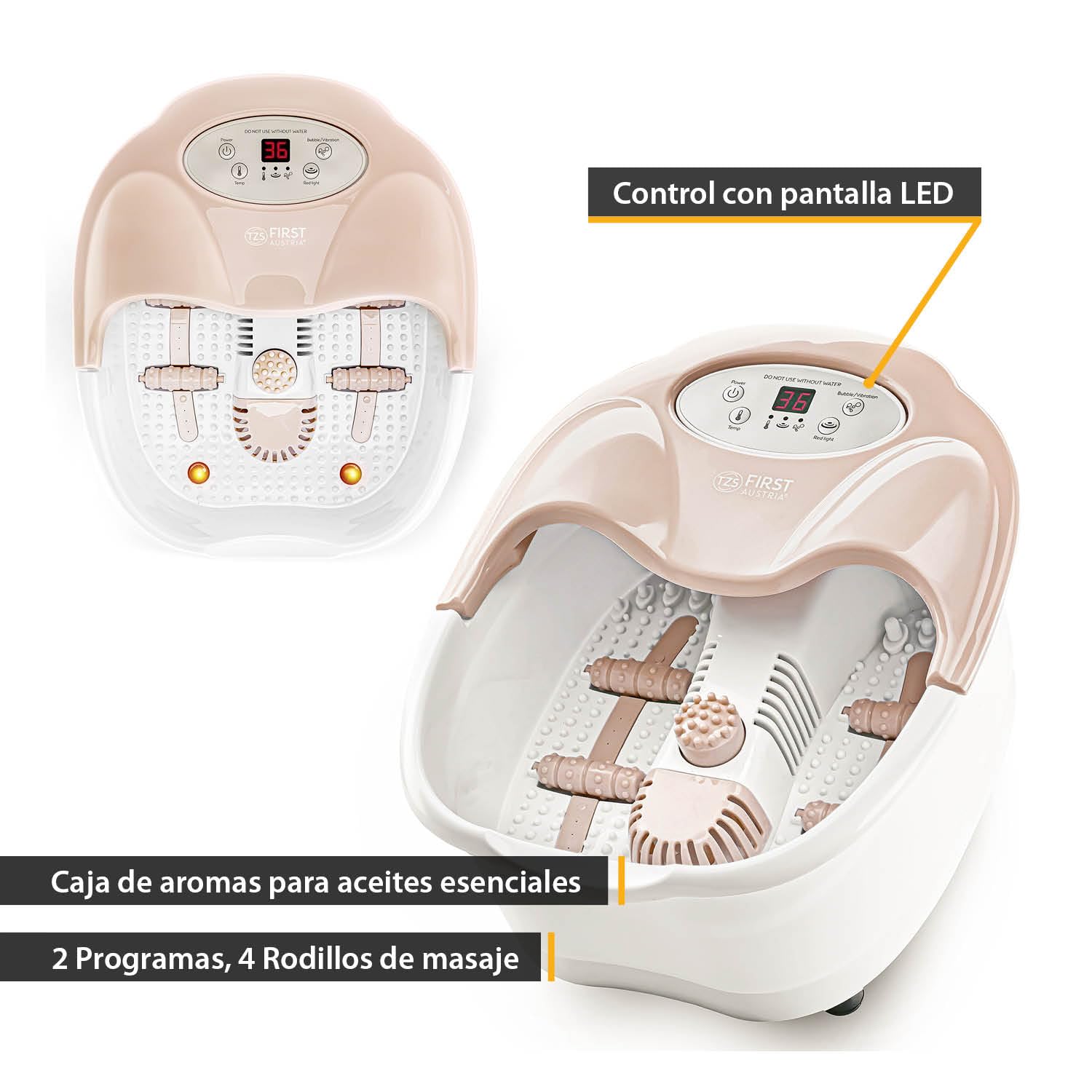 TZS First Austria - Baño de pies con función de masaje Digital - 450W - Pantalla LED & Luz Roja - Hasta Talla 43 - 3 Accesorios, Protección contra Salpicaduras & Caja de Aroma - Beige