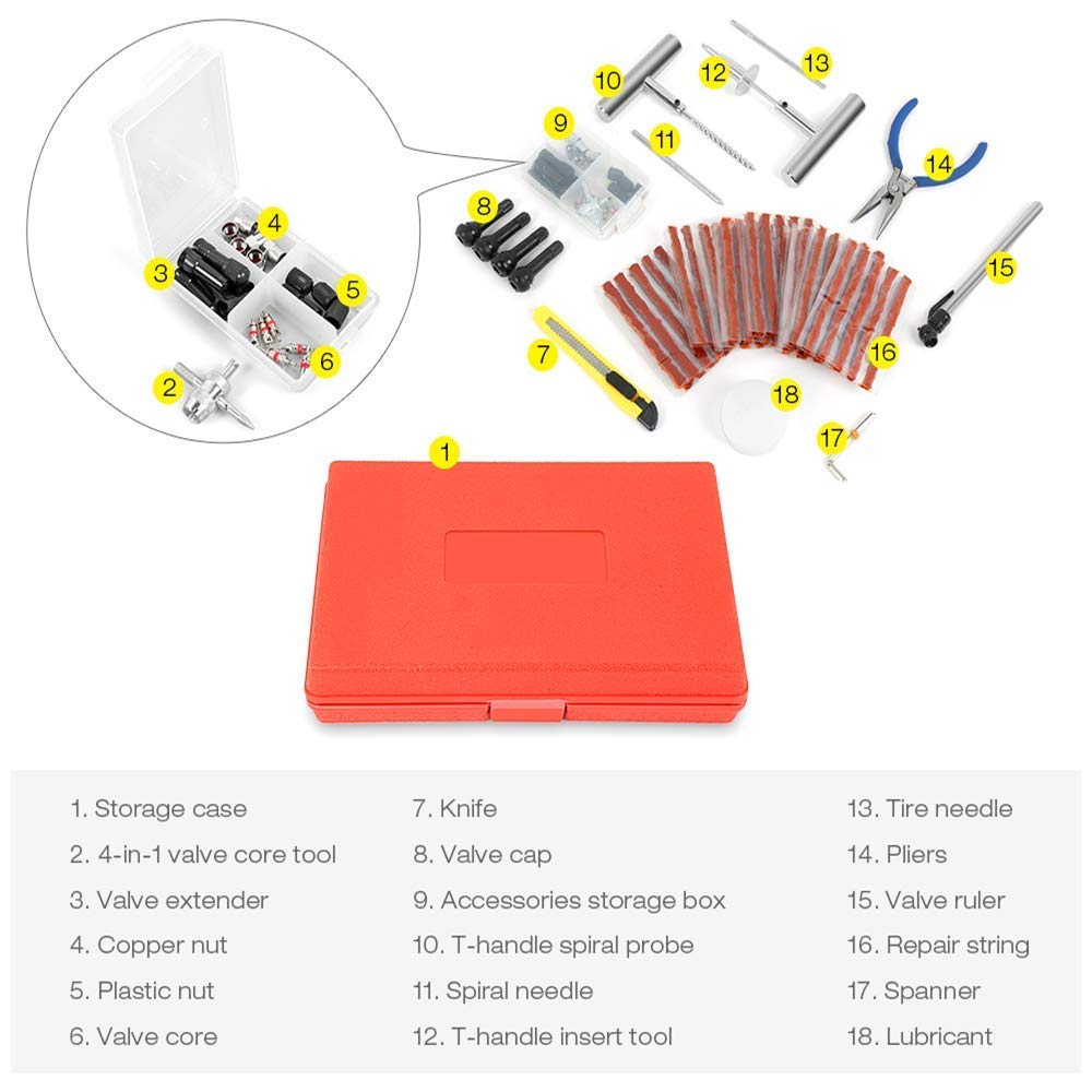 91Pcs Kit di Riparazione Universale per Pneumatici, Strumenti di Riparazione per Foratura di Pneumatici Piatti Resistenti per Auto, Moto, Camion, ATV, Trattori, Camper, SUV, Jeep, Rimorchi, Tosaerba
