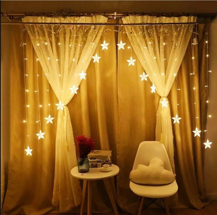 MIRADH A-Shaped 16-Star LED Curtain Fairy Lights, 136 LEDs, 8 Flash Modes – Diwali, Navratri, Christmas, New Year Decoration (Warm White)