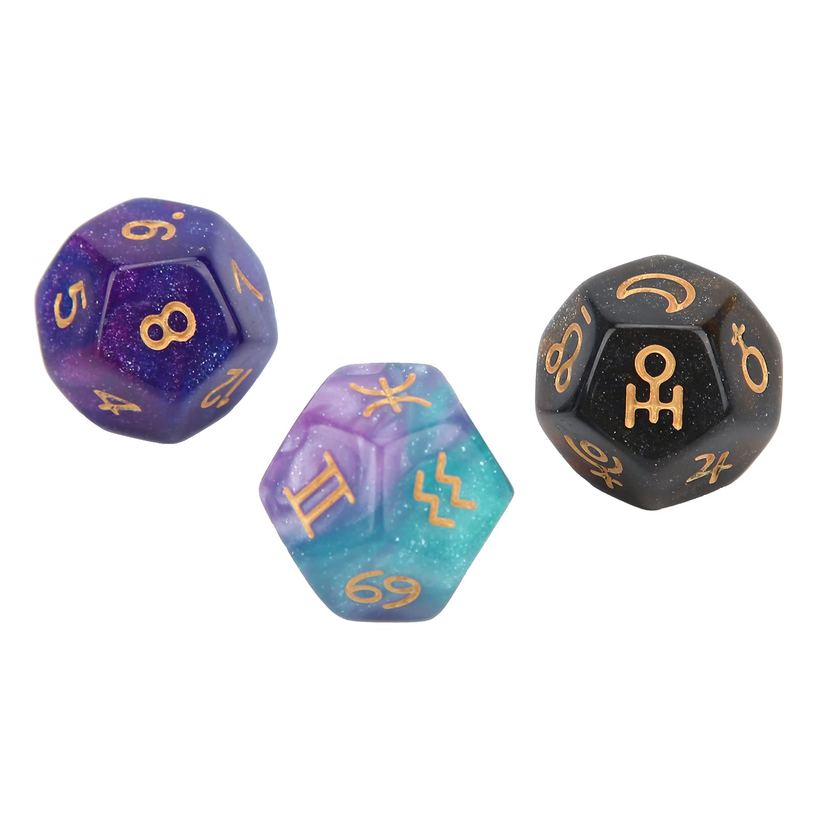 Astrological Dice, 3pcs 12‑Sided Polyhedral Tarot Divination Resin Astrology Dice Party Gathering Entertainment Fun Constellation Table Game Dice for Role Playing, Lovers Communication, Leisure(1#)