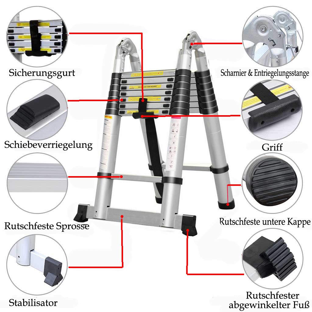 Robuste 2,5 M + 2,5 M A-Frame Teleskop Leiterverlängerung Aluminium Leiter Teleskop Klapp Trittleiter für Mehrzweck-Sicherheitsstandard EN131 150kgs/330lbs Kapazität