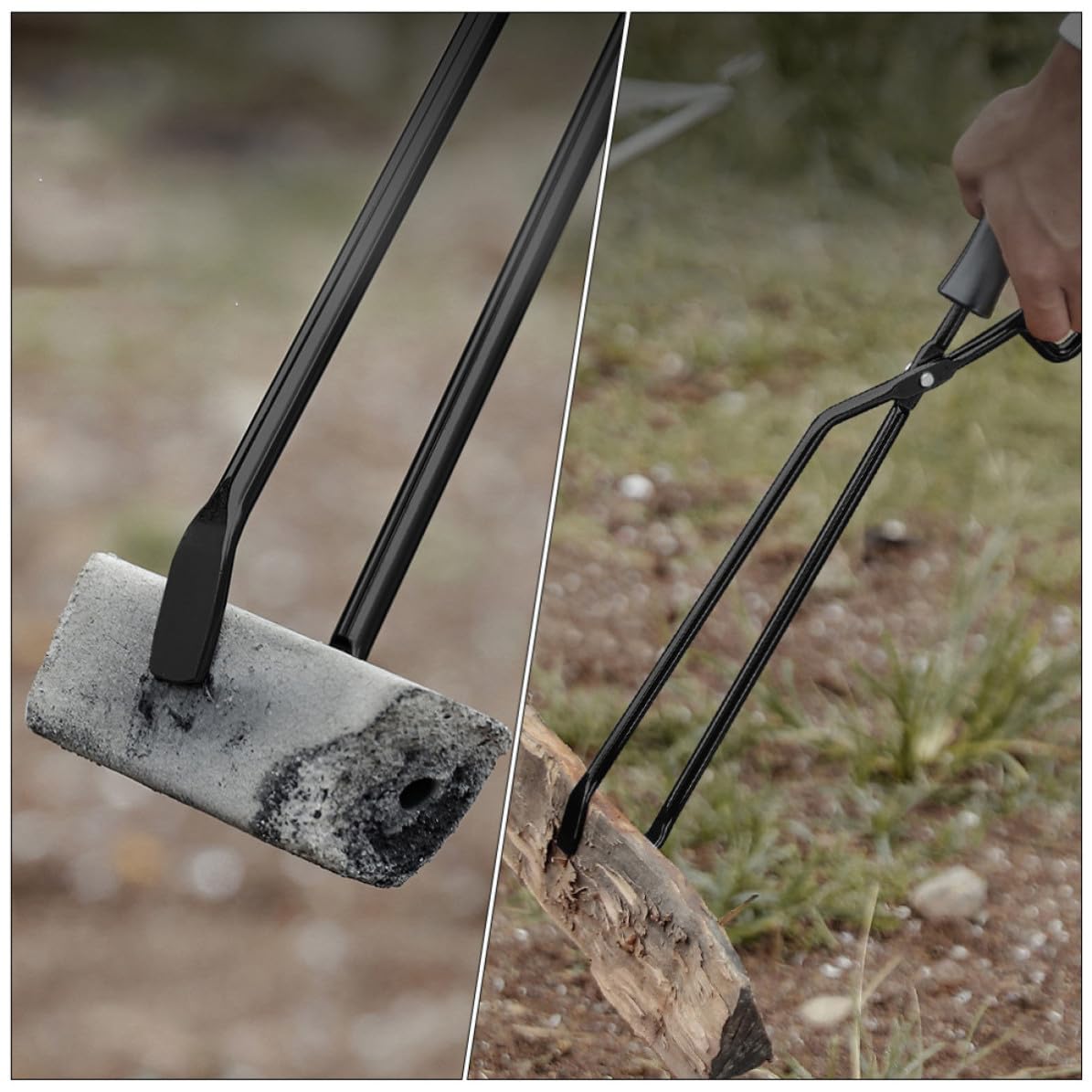 MAGICLULU Pinza per Carbonella in Ferro e Legno Nero, Utensile Barbecue Pratico e Stabile per Camping e Grigliate in Giardino