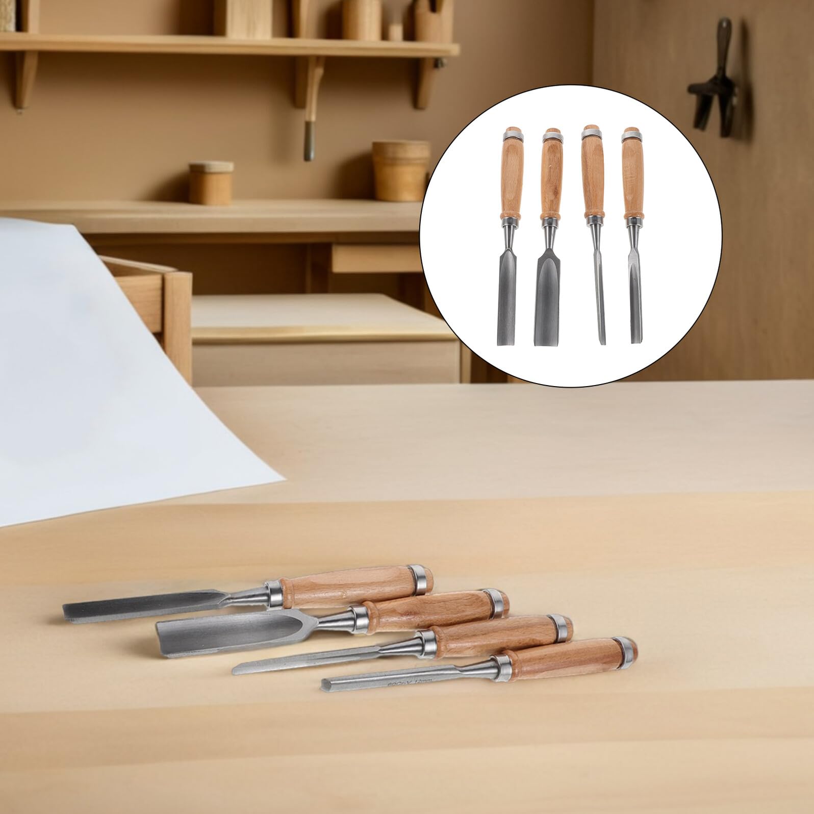 Set da 4 Scalpelli per Legno Lame Semi-rotonde in Acciaio Resistenti 6/12/18/24 Mm Manico Ergonomico in Legno Kit Multifunzione per Intaglio Fai da Te e Professionale