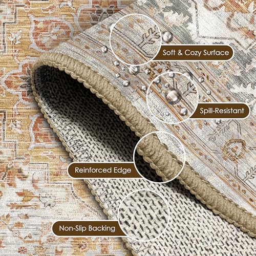 Washable Area Rug 9' x 12' Vintage Traditional Persian Mat - Foldable Distressed Non-Slip Machine Washable Carpet for Living Room Bedroom Kitchen Home Decor - Dove Gray and Coral — view 6