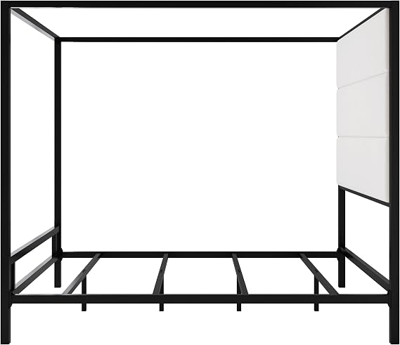 Modern Metal Queen Size Canopy Platform Bed with with Tall Linen Fabric Upholstered Headboard and 4 Poster Design, Box Spring Needed (Black+White, Queen)
