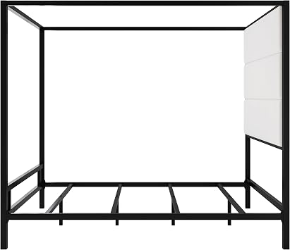 Modern Metal Queen Size Canopy Platform Bed with with Tall Linen Fabric Upholstered Headboard and 4 Poster Design, Box Spring Needed (Black+White, Queen)