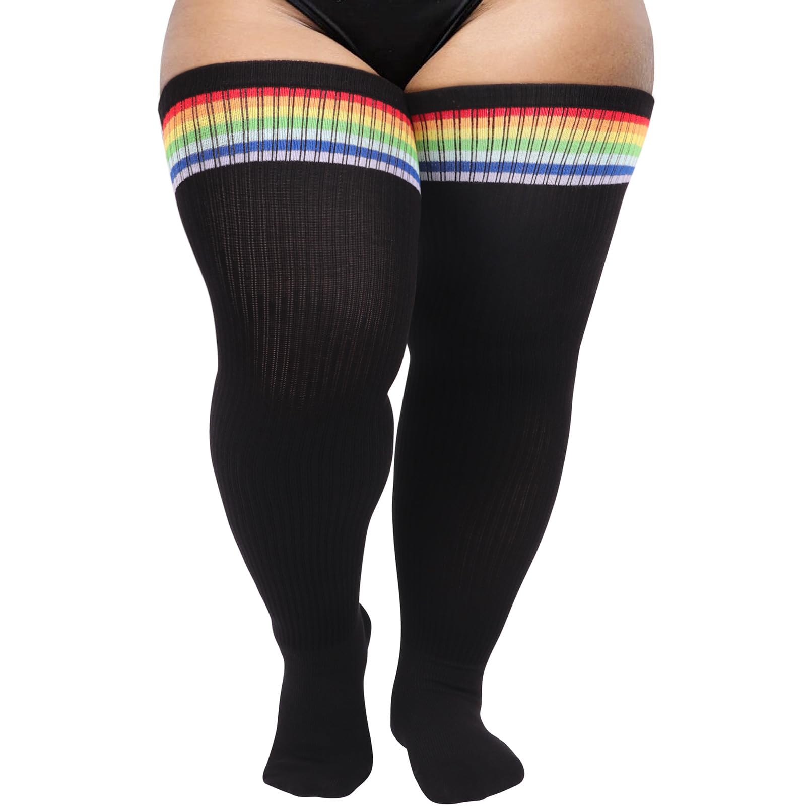 DRESHOW Plus Size Thigh High Socks Striped Over Knee High Tube Socks Long Boot Stockings Leg Warmers for Women