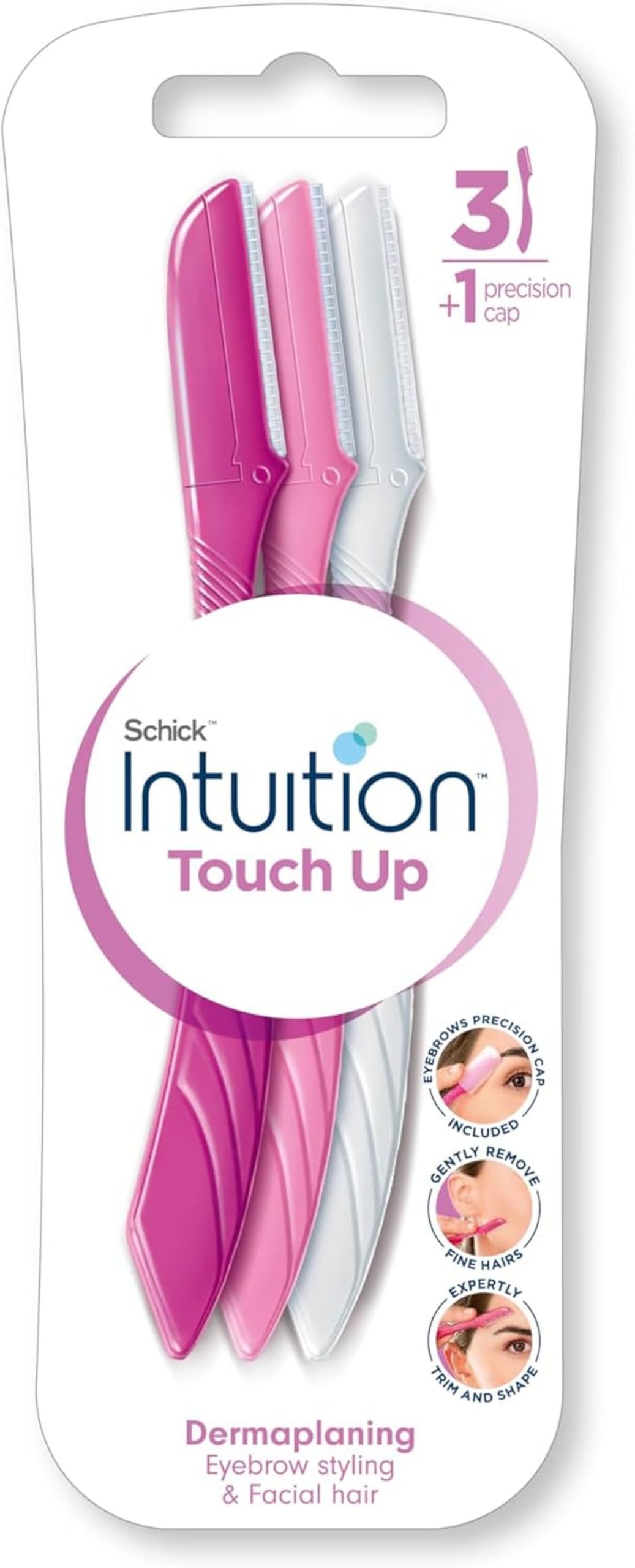 Schick Intuition Touch-Up Dermaplaning Tool With Precision Cover, 3ct | Face Razor for Women, Eyebrow Trimmer, Facial Hair, Peach Fuzz Remover