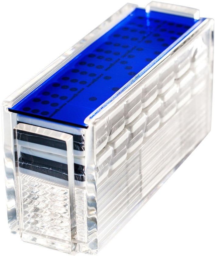 Modern Double Six Jumbo Dominoes Set with Racks, Premium Acrylic Dominos Set Game with 4 Acrylic Domino Trays for Easy Playing, Made in The USA Dominoes Set Double 6 (Blue)