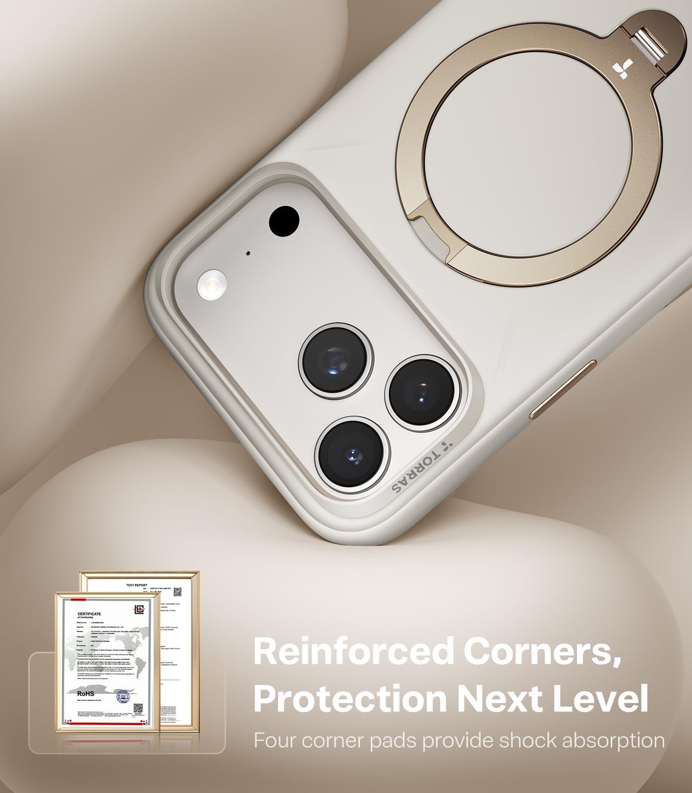 TORRAS Ostand Q3 - Carcasa de silicona para iPhone 17 Pro con soporte de 360°, color blanco | Funda protectora para iPhone 17 Pro (silicona líquida) con protección contra caídas y botones de cámara