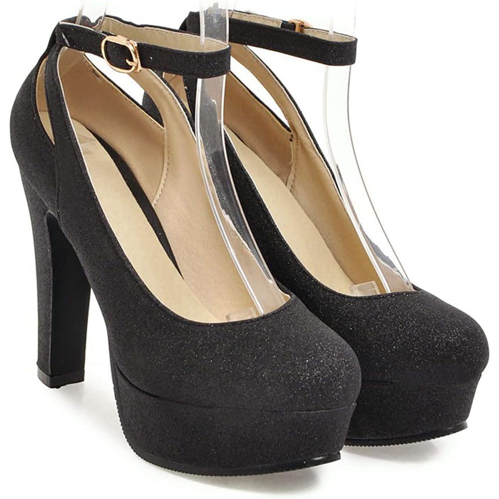 Scarpe da donna con plateau e tacco grosso Décolleté con paillettes Cinturino alla caviglia Punta tonda Tacchi alti Moda Matrimonio Serata Night Club Scarpe da festa pelle/H/34EU