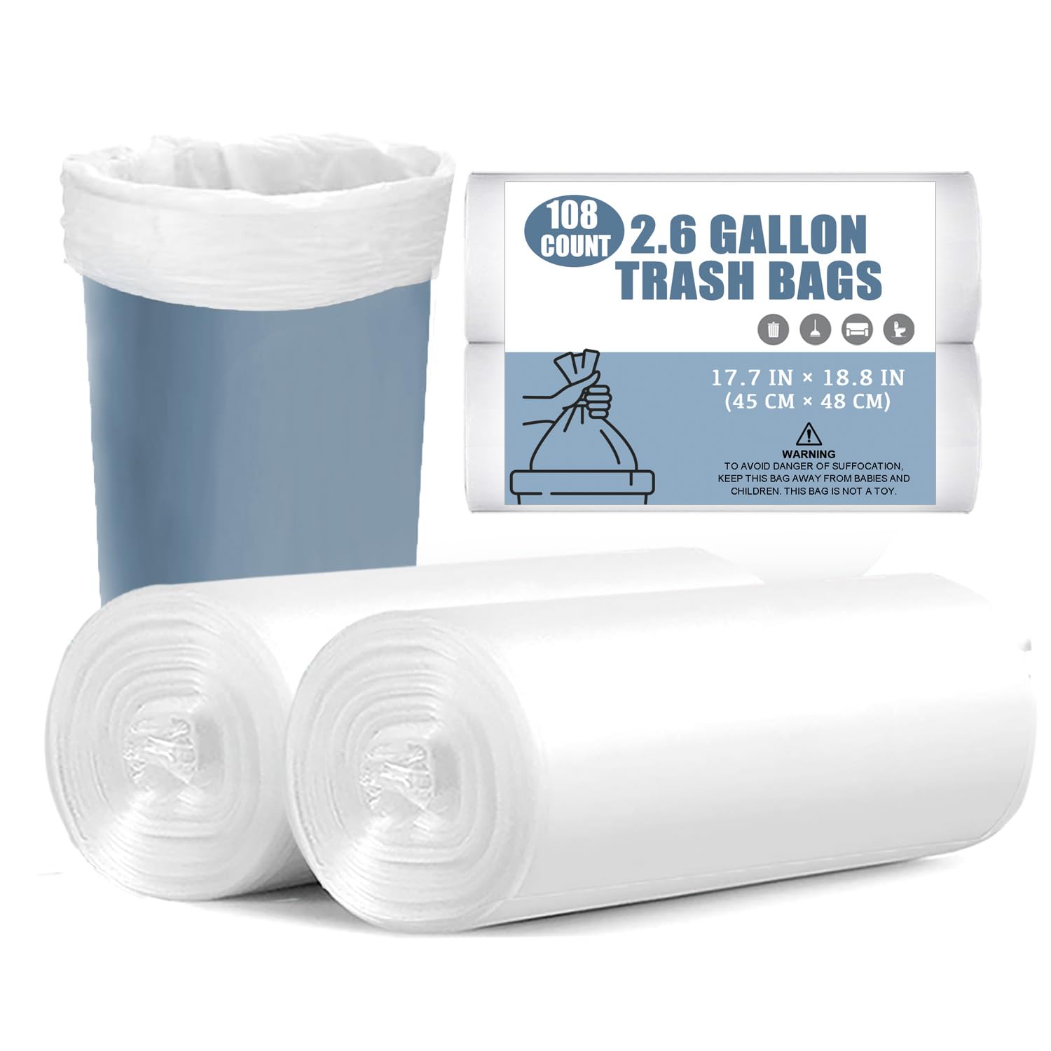 Bolsas de basura pequeñas – 108 bolsas de basura de 2.6 galones, bolsas de basura pequeñas para oficina, dormitorio, cocina, bolsas de basura pequeñas blancas de 2.6 galones