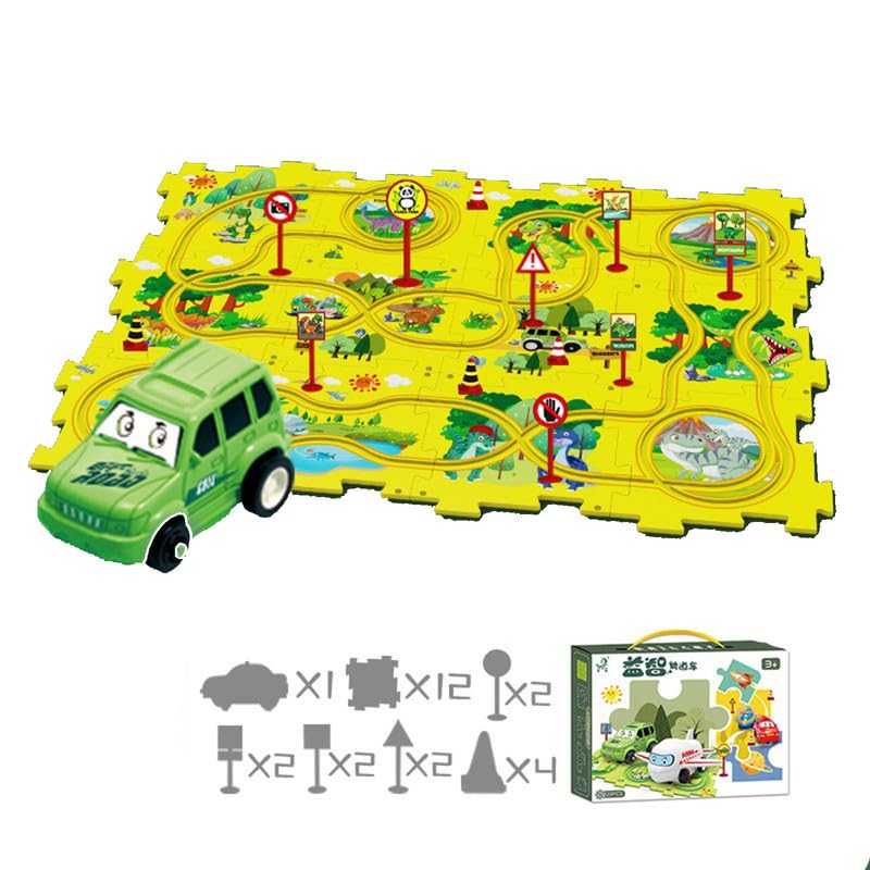 Puzzle Racer Kids Car Track Set for Kids, Educational Puzzle Racer Car Track Set for Kids 3 4 5 6 7 8 Year Old (Dinosaur, PCS, 25)